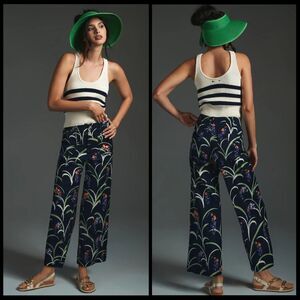 Anthropologie Colette Linen Pants Crop Wide Leg Blue Grass Maeve Size 27 NEW